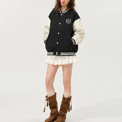 Unisex Black & Beige Relaxed-Fit Crest Varsity Bomber Jacket