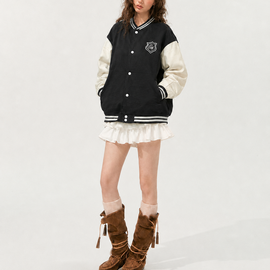 Unisex Black & Beige Relaxed-Fit Crest Varsity Bomber Jacket