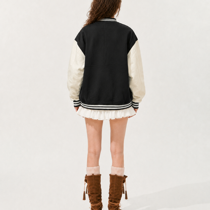 Unisex Black & Beige Relaxed-Fit Crest Varsity Bomber Jacket