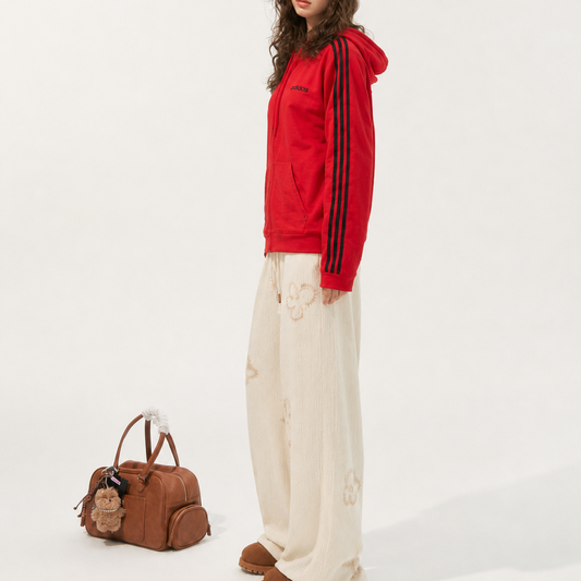 Unisex Red Relaxed-Fit Striped Zip-Up Hoodie Jacket
