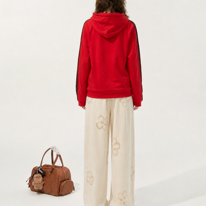 Unisex Red Relaxed-Fit Striped Zip-Up Hoodie Jacket