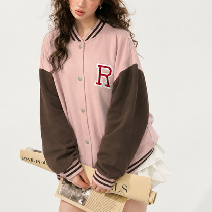 Unisex Pink & Brown Oversized R-Patch Varsity Bomber Jacket