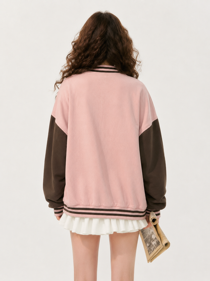 Unisex Pink & Brown Oversized R-Patch Varsity Bomber Jacket