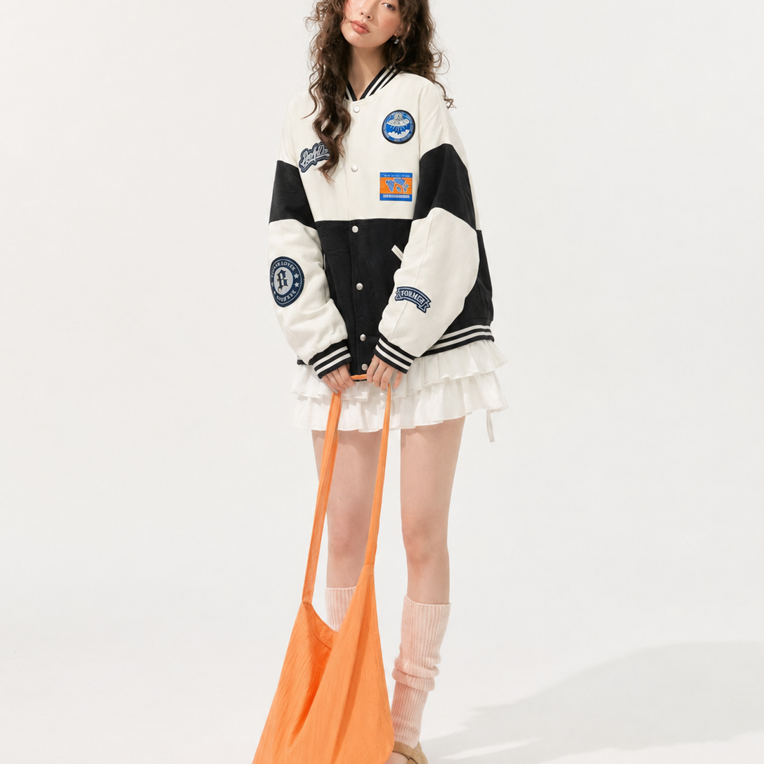 Unisex Black & Beige Oversized Multi-Patch Varsity Bomber Jacket