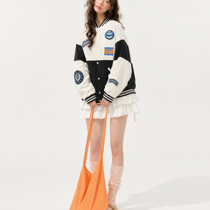 Unisex Black & Beige Oversized Multi-Patch Varsity Bomber Jacket