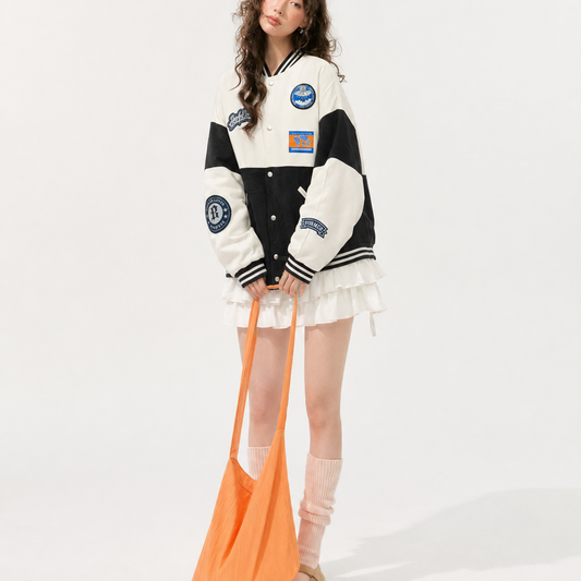 Unisex Black & Beige Oversized Multi-Patch Varsity Bomber Jacket