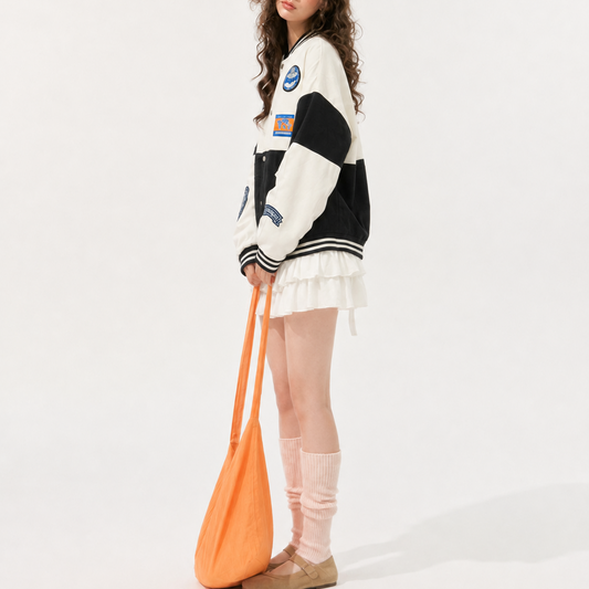 Unisex Black & Beige Oversized Multi-Patch Varsity Bomber Jacket