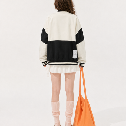 Unisex Black & Beige Oversized Multi-Patch Varsity Bomber Jacket