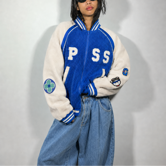 Royal Blue & Beige Relaxed-Fit Patchwork Varsity Bomber Jacket