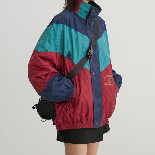 Vintage Burgundy, Teal & Navy Oversized Colorblock Windbreaker Jacket