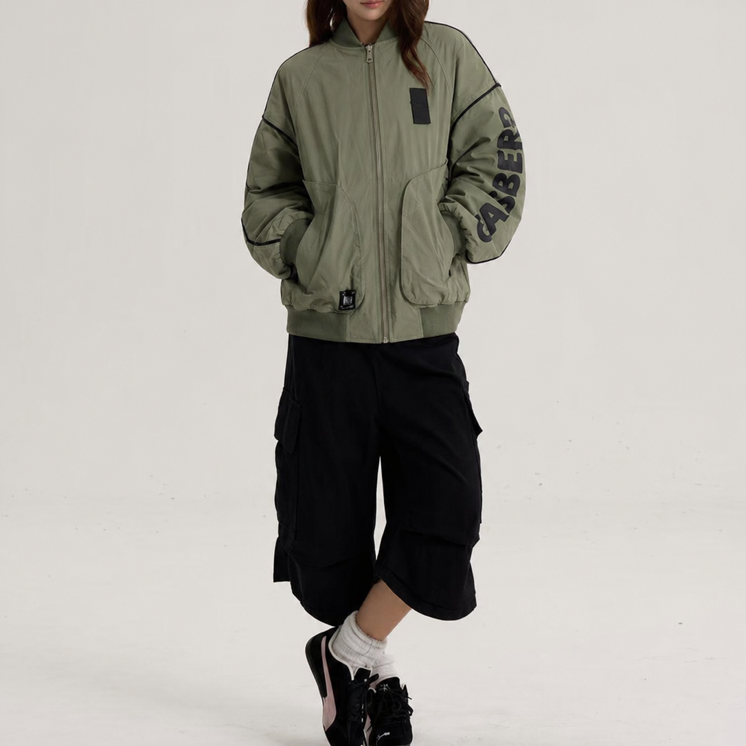 Unisex Olive Green Oversized Graphic Sleeve Bomber Jacket