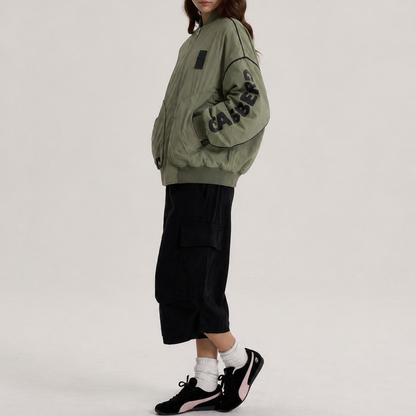 Unisex Olive Green Oversized Graphic Sleeve Bomber Jacket