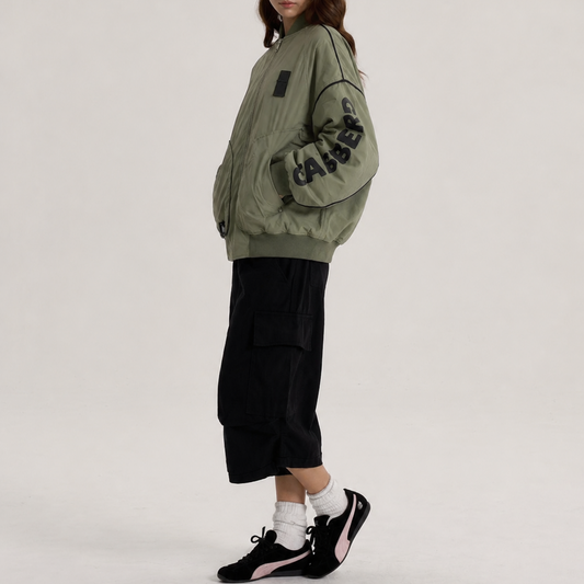Unisex Olive Green Oversized Graphic Sleeve Bomber Jacket