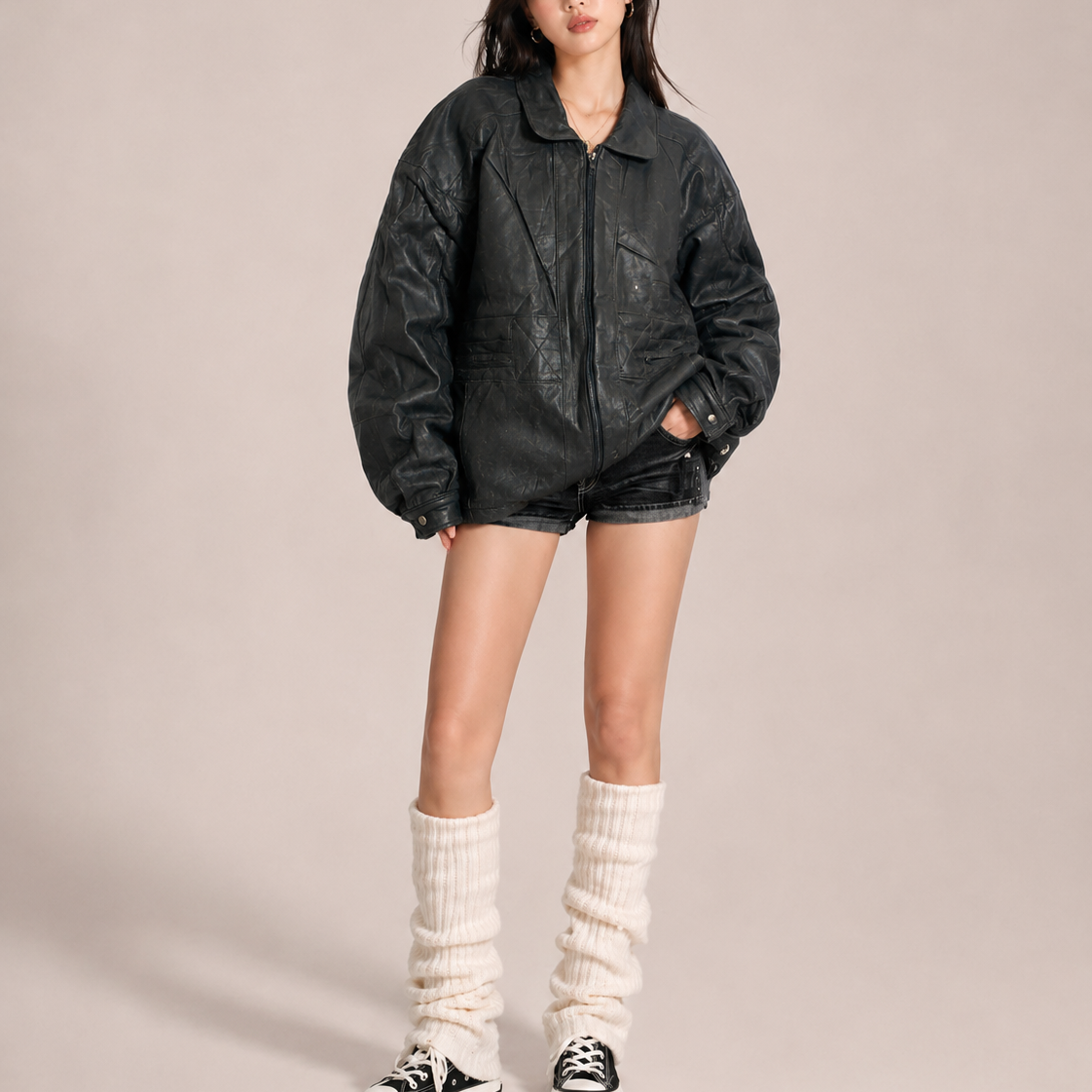 Unisex Black Vintage Oversized Distressed Panelled Leather Jacket