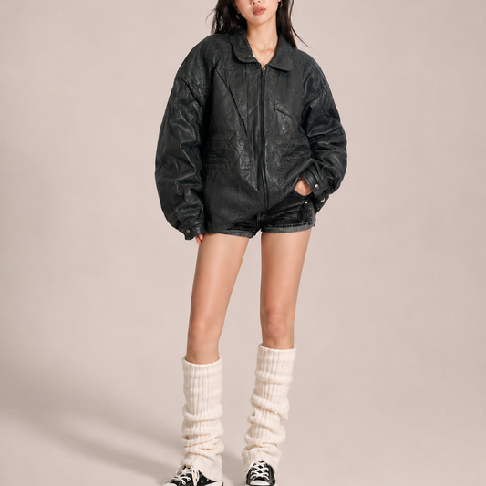 Unisex Black Vintage Oversized Distressed Panelled Leather Jacket