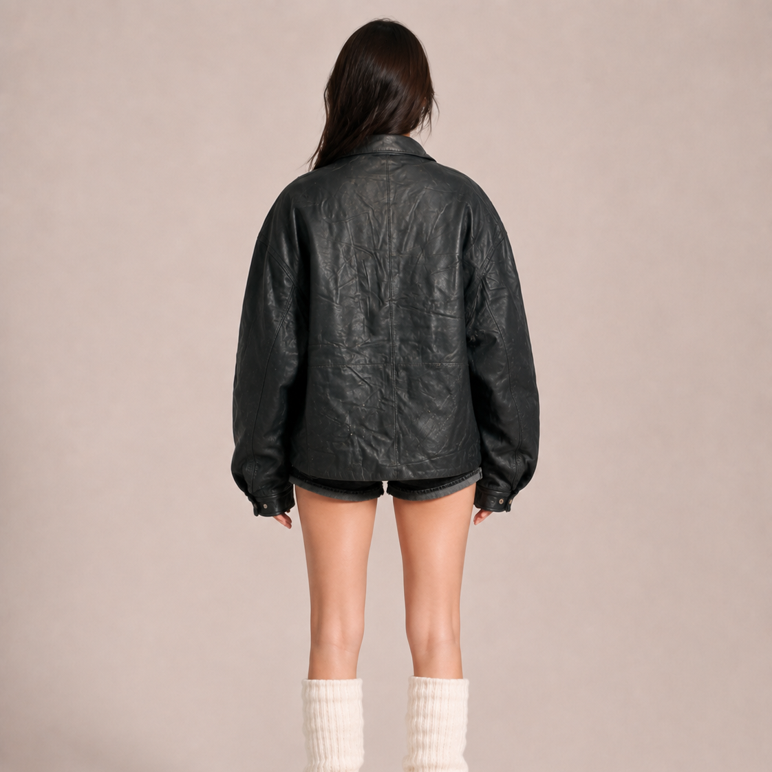 Unisex Black Vintage Oversized Distressed Panelled Leather Jacket