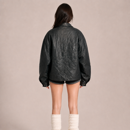 Unisex Black Vintage Oversized Distressed Panelled Leather Jacket