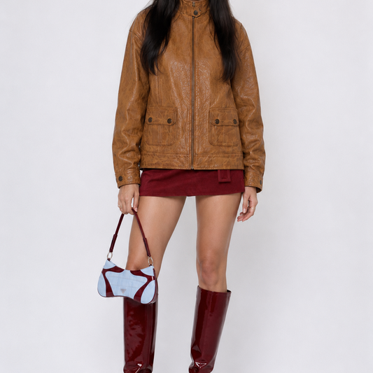 Unisex Tan Brown Regular-Fit Embossed Utility Pocket Leather Jacket