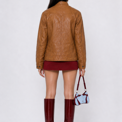Unisex Tan Brown Regular-Fit Embossed Utility Pocket Leather Jacket