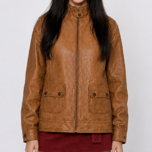 Unisex Tan Brown Regular-Fit Embossed Utility Pocket Leather Jacket