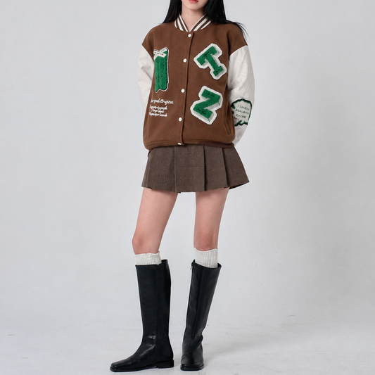 Unisex Brown & Beige Relaxed-Fit Chenille Patch Varsity Jacket