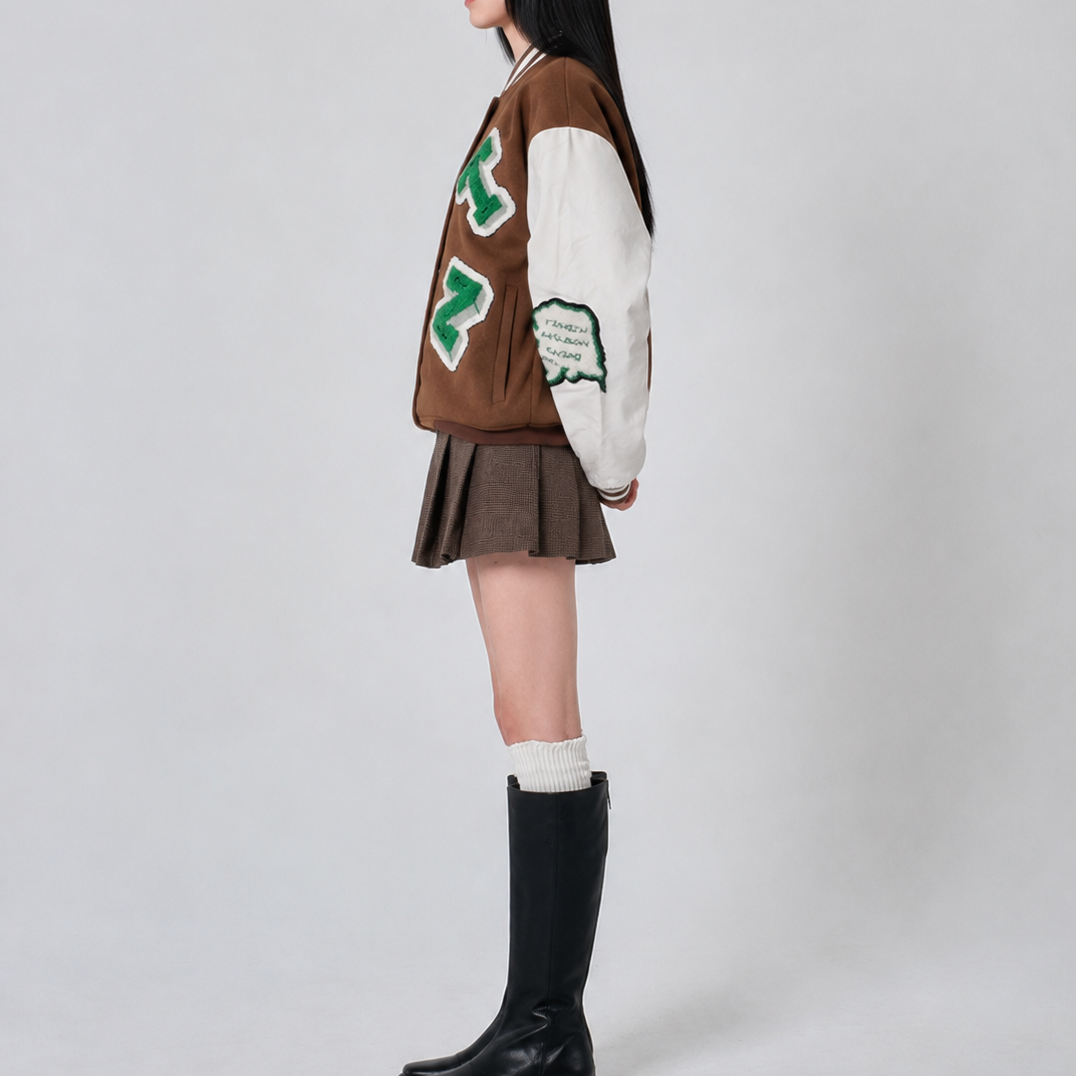 Unisex Brown & Beige Relaxed-Fit Chenille Patch Varsity Jacket