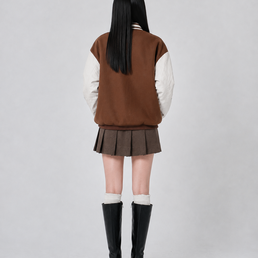 Unisex Brown & Beige Relaxed-Fit Chenille Patch Varsity Jacket