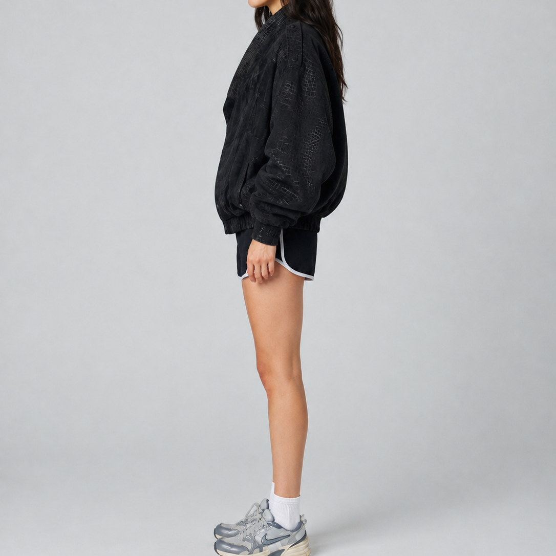 Women’s Black Croc-Textured Oversized Vintage Bomber Jacket