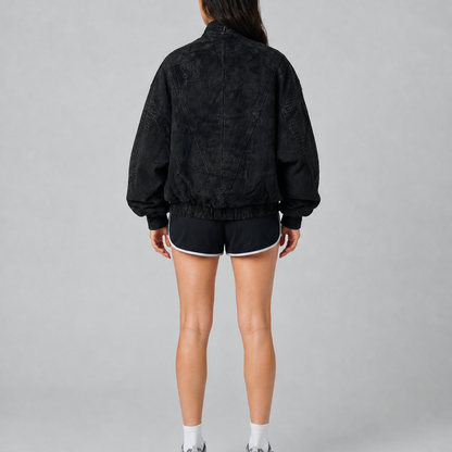 Women’s Black Croc-Textured Oversized Vintage Bomber Jacket