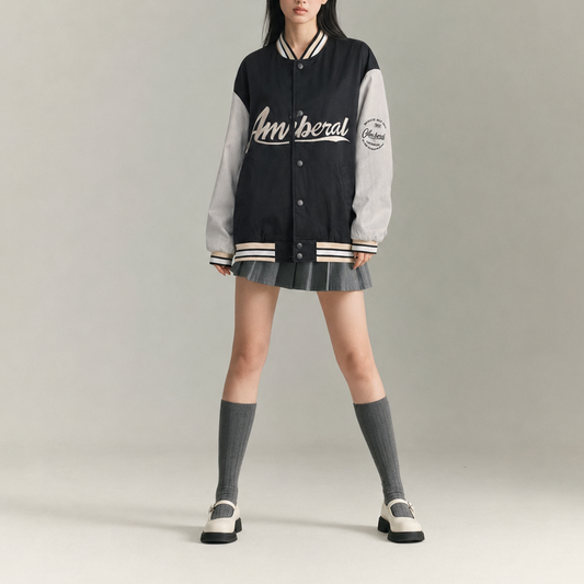 Unisex Black & Grey Embroidered Oversized Varsity Bomber Jacket