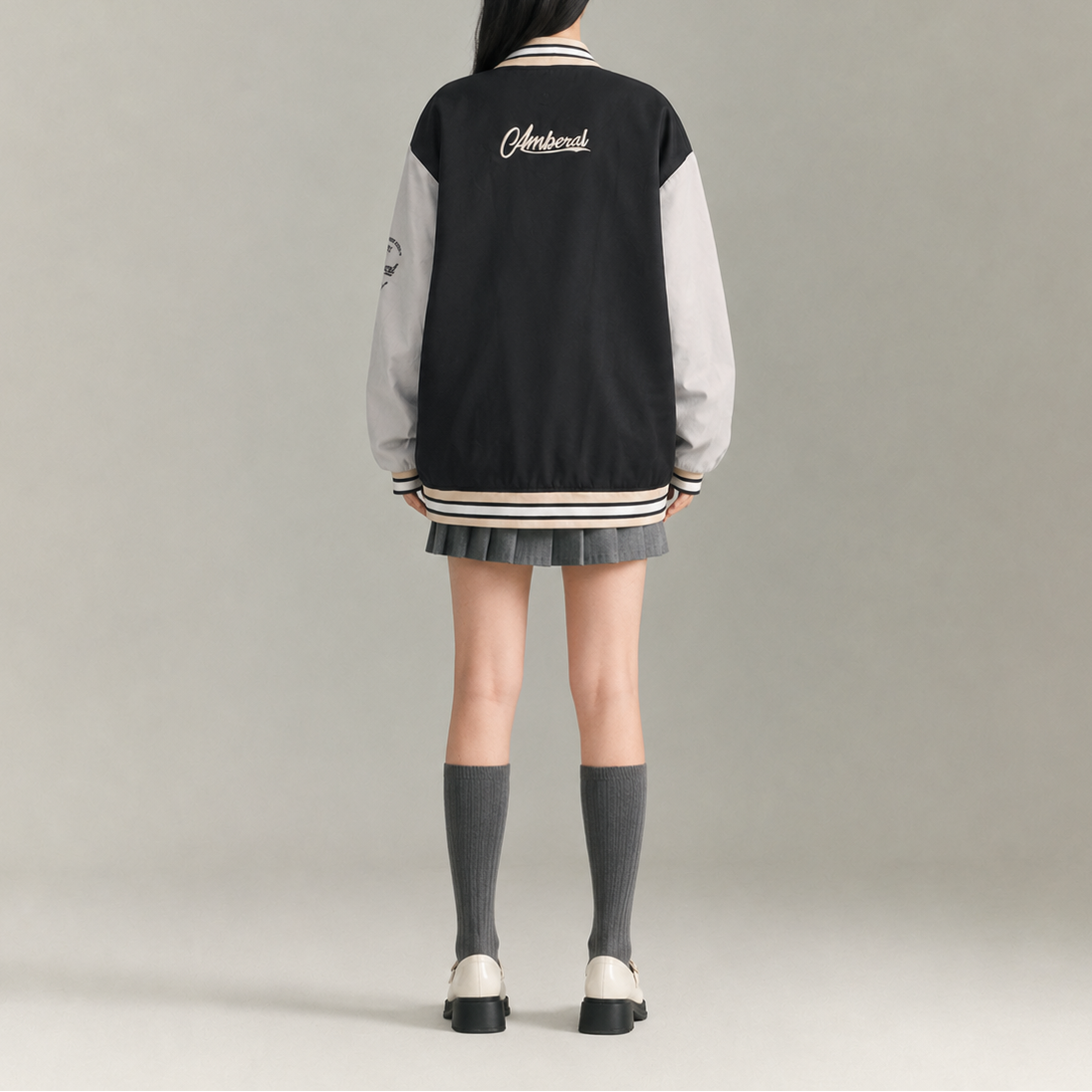 Unisex Black & Grey Embroidered Oversized Varsity Bomber Jacket