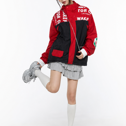 Unisex Red & Black Graphic-Print Oversized Hooded Windbreaker Jacket