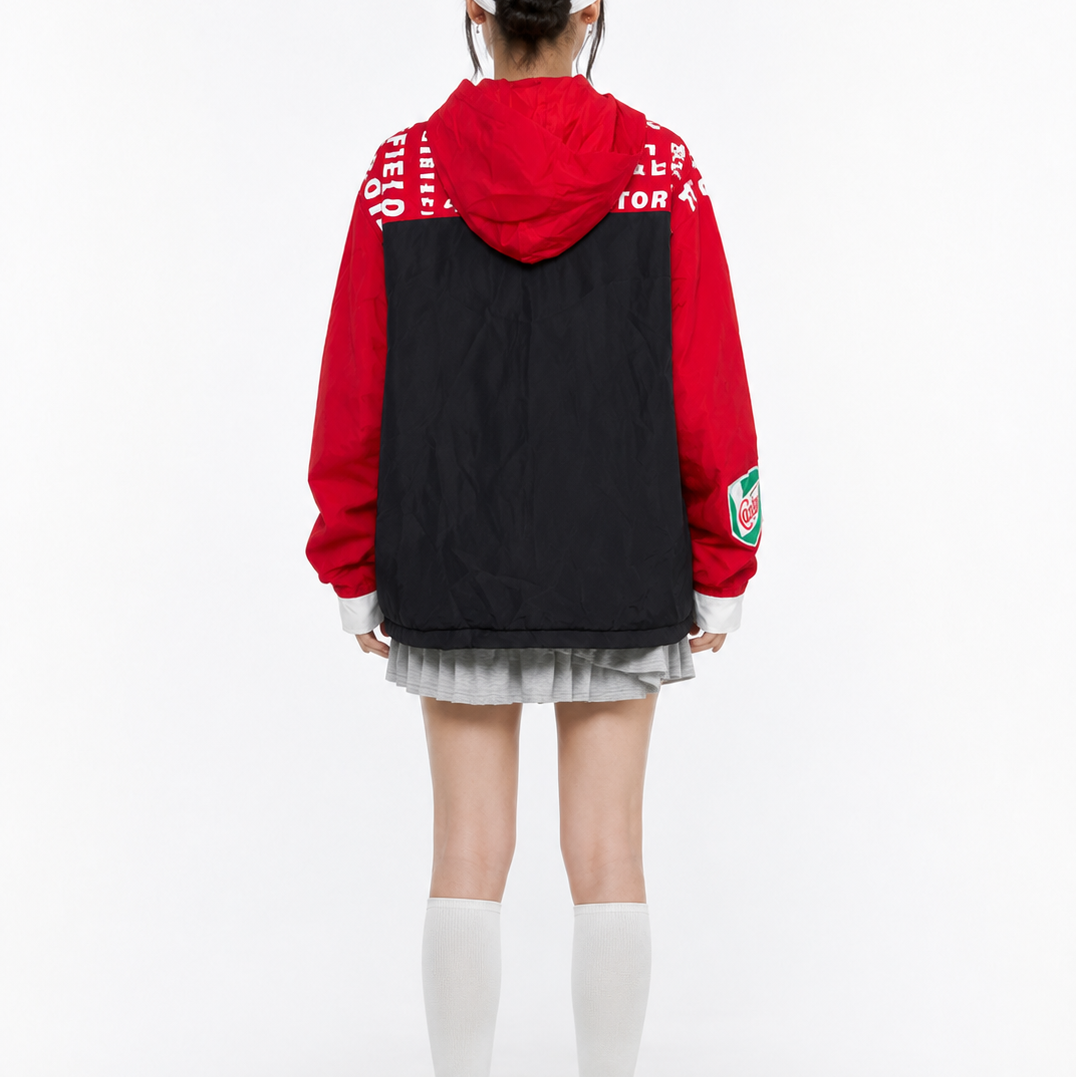 Unisex Red & Black Graphic-Print Oversized Hooded Windbreaker Jacket