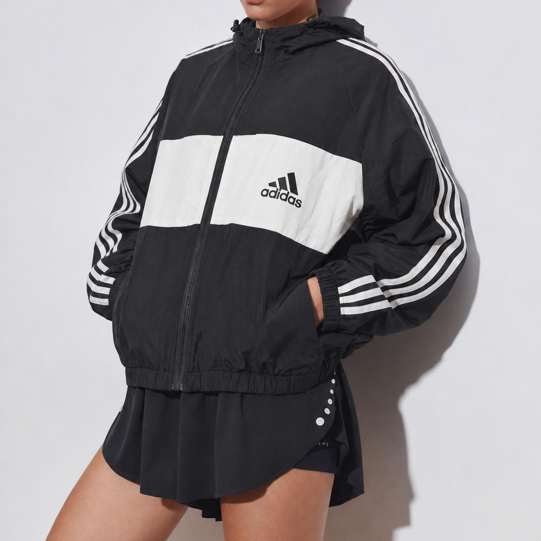 Unisex Vintage Black & White Oversized Hooded Windbreaker Jacket