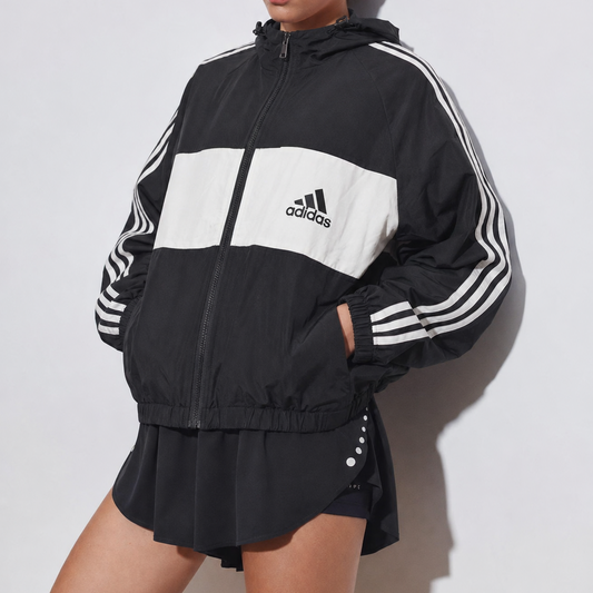 Unisex Vintage Black & White Oversized Hooded Windbreaker Jacket