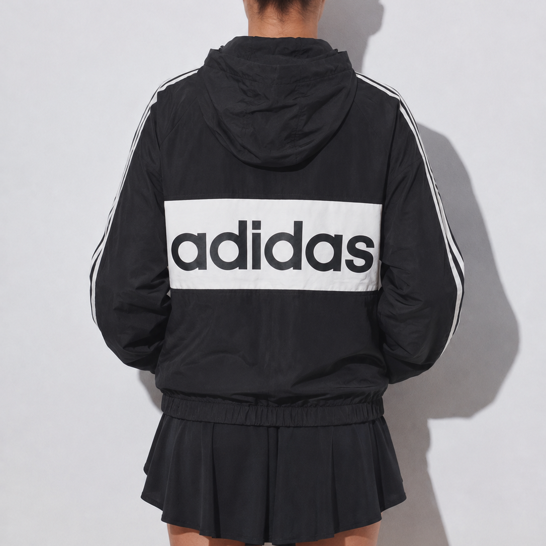 Unisex Vintage Black & White Oversized Hooded Windbreaker Jacket