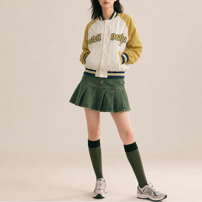 Unisex Beige & Mustard  Graphic Vintage Varsity Bomber Jacket