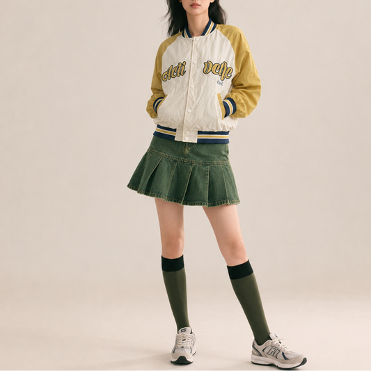 Unisex Beige & Mustard  Graphic Vintage Varsity Bomber Jacket