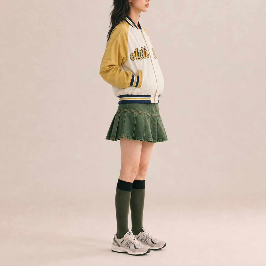 Unisex Beige & Mustard  Graphic Vintage Varsity Bomber Jacket