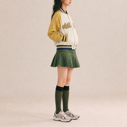 Unisex Beige & Mustard  Graphic Vintage Varsity Bomber Jacket