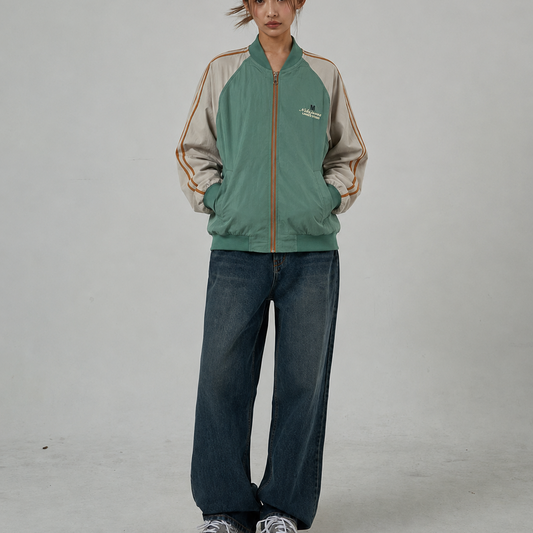Unisex Sage Green & Beige Relaxed-Fit Retro Striped Track Bomber Jacket
