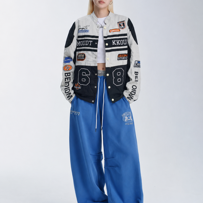 Women’s Black & Grey Oversized Motorsport Graphic Patchwork Lightweight Bomber Jacket