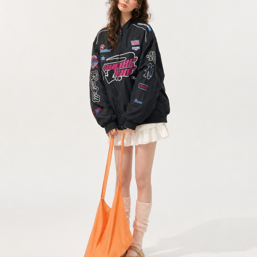 Unisex Oversized Graphic Embroidered Motorsport Bomber Jacket