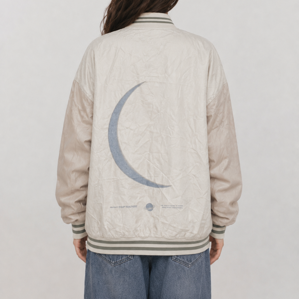 Vintage Lunar Crescent Gothic Graphic Oversized Satin Bomber Jacket