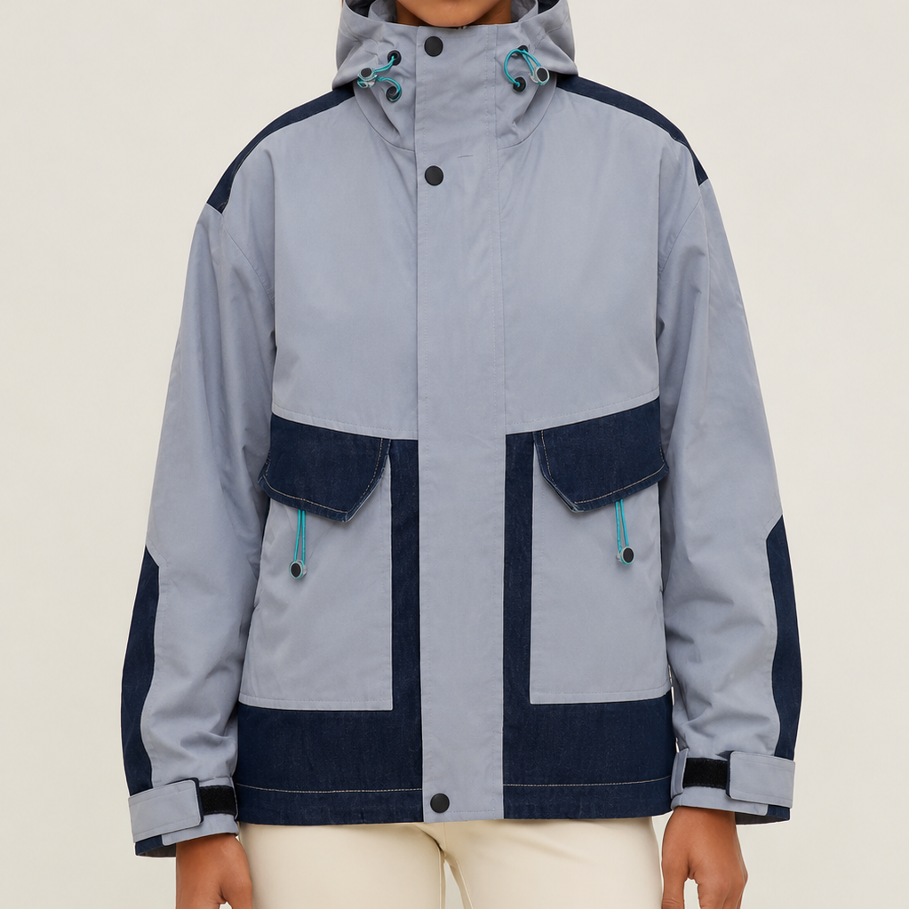 Unisex Grey & Navy Colorblock Utility Hooded Outdoor Windbreaker Jacket