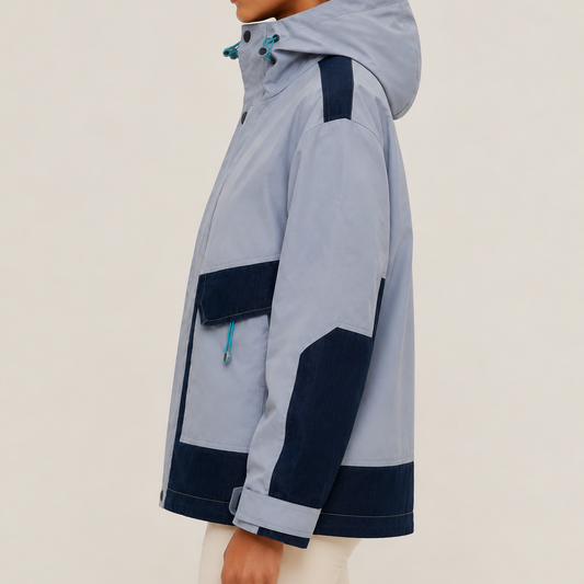 Unisex Grey & Navy Colorblock Utility Hooded Outdoor Windbreaker Jacket