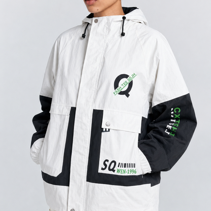Unisex Oversized White & Black Graphic Utility Hooded Windbreaker Jacket