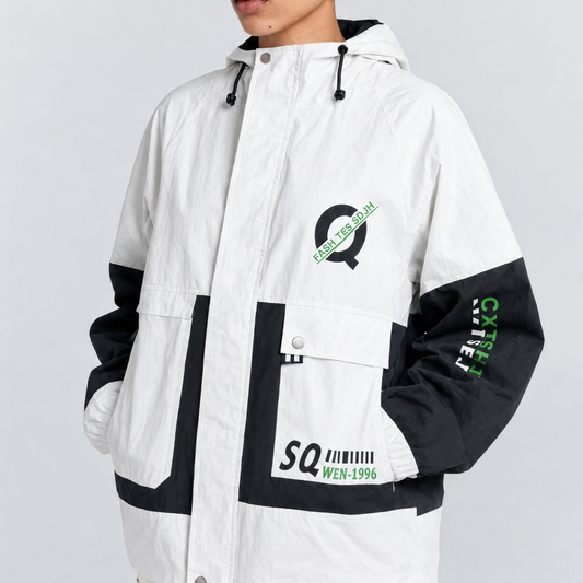 Unisex Oversized White & Black Graphic Utility Hooded Windbreaker Jacket