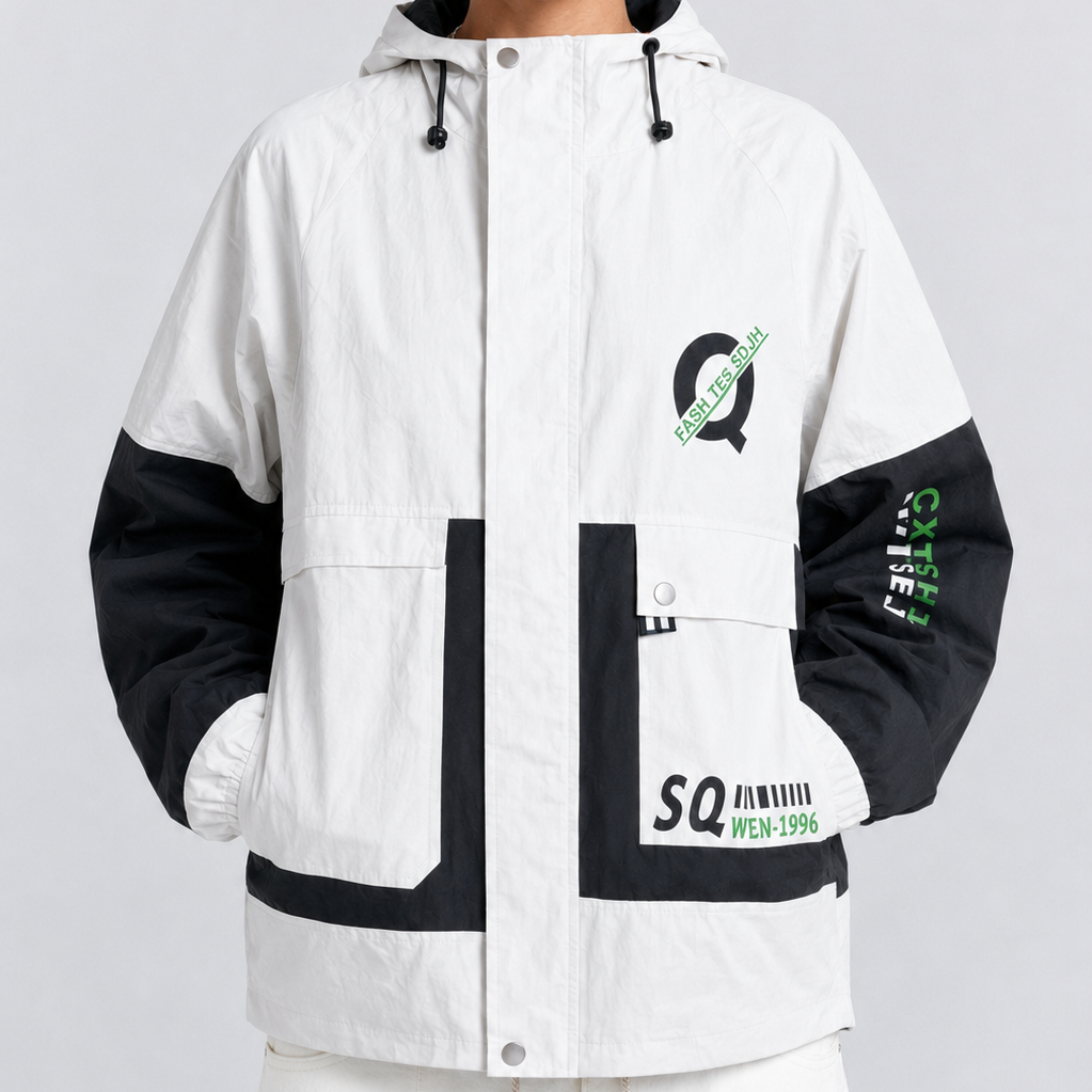 Unisex Oversized White & Black Graphic Utility Hooded Windbreaker Jacket