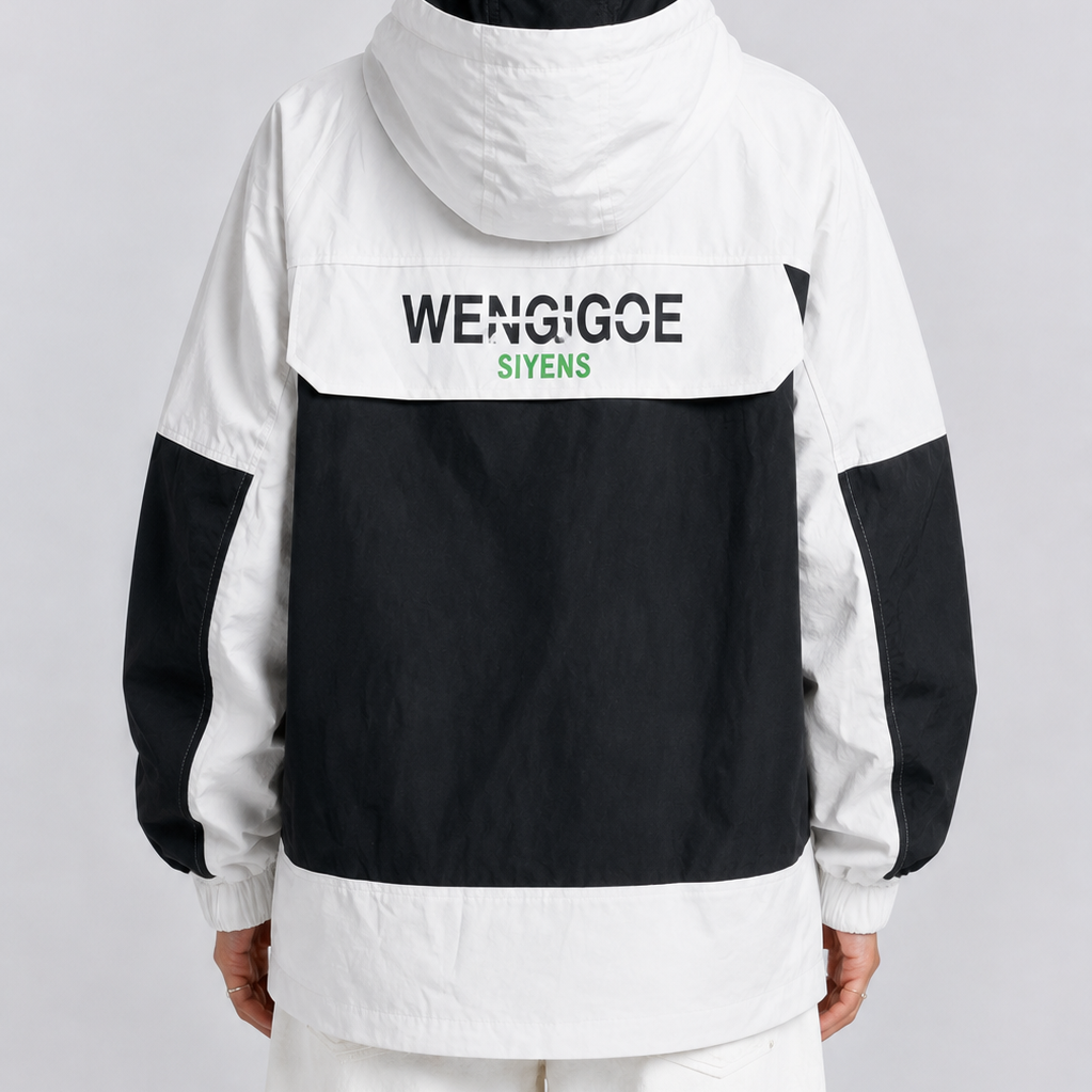 Unisex Oversized White & Black Graphic Utility Hooded Windbreaker Jacket